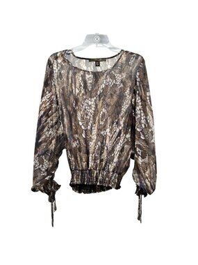 KISCHE Womens Sheer Blouse Long Batwing Sleeve Brown/Multi Print Small